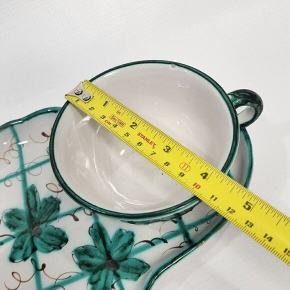 HAND PAINTED Green Floral Majolica Pottery Snack Set Made in Italy - Picture 4 of 13